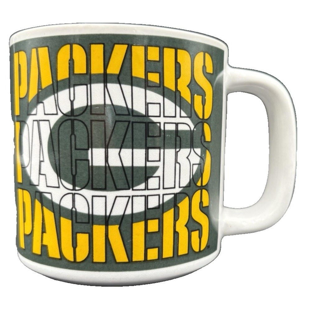 Vtg Green Bay Packers Coffee Cup Mug Yellow Green Official NFL Football 1996